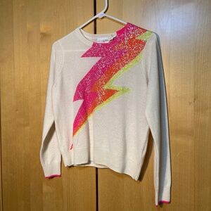 Sweater Ivory Cashmere with Zig-Zag stripes of Neon Pink, Orange, Yellow Size XS